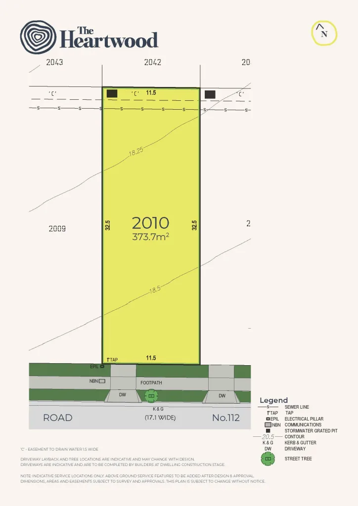 The Heartwood "Individual Lots" Stage 2, specifically featuring Lot 2010, which is 373.7 square meters with a 11.5-meter frontage.