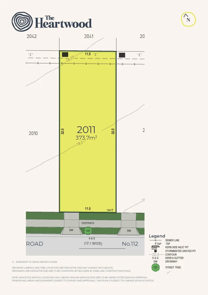 A technical site plan for Lot 2011 at The Heartwood, showing a rectangular 373.7 square meter lot mirrored in configuration to the adjacent lot.