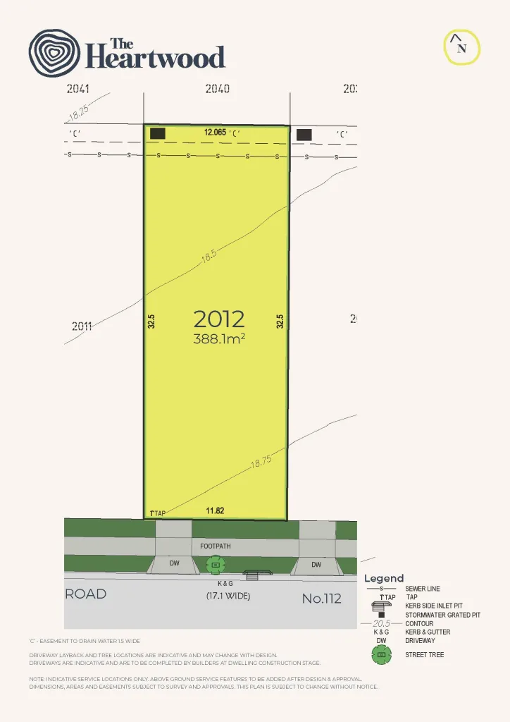 A technical site plan for Lot 2012 at The Heartwood, showing a slightly larger rectangular lot of 388.1 square meters with a 11.82-meter frontage