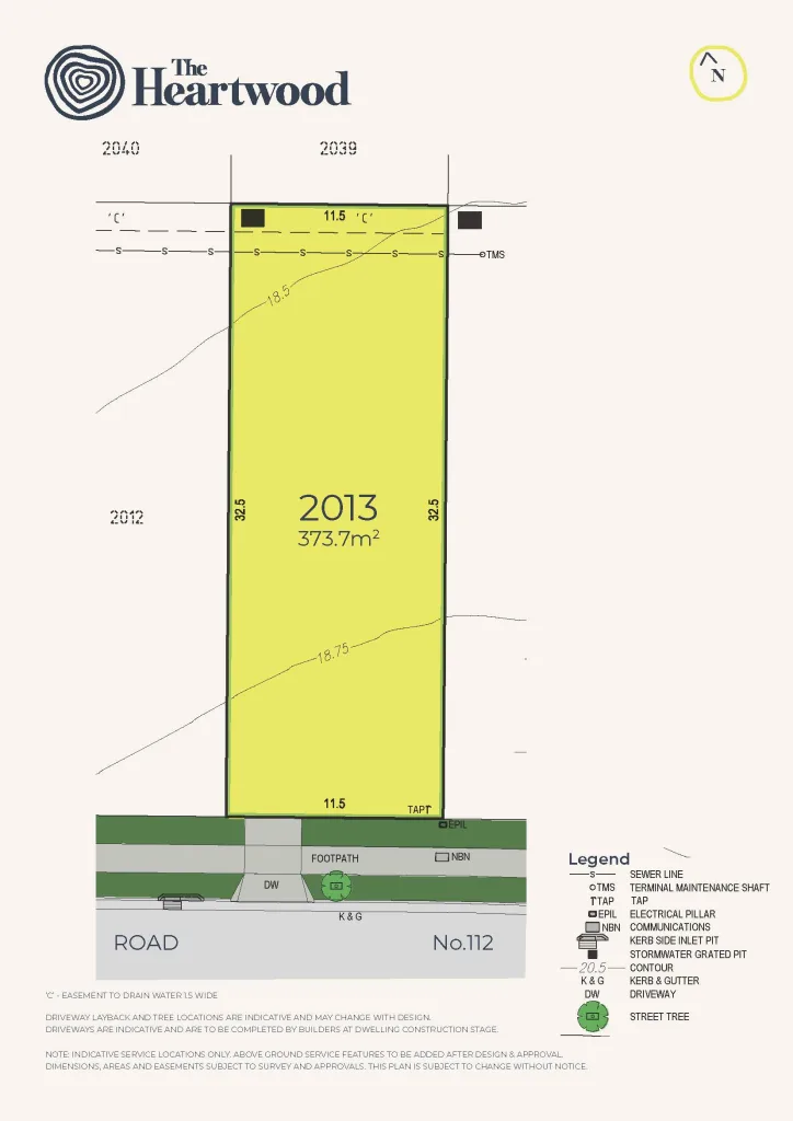 A technical site plan for Lot 2013 at The Heartwood development, showing a rectangular 373.7 square meter lot with a 11.5-meter frontage and 32.5-meter depth.